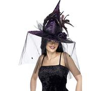 Smiffy's Smiffys Sombrero de bruja, Morado, con plumas y tul, de lujo Halloween, Carnaval