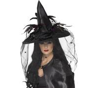Smiffy's Smiffys Sombrero de bruja, Negro, con plumas y tul, deluxe Halloween, Carnaval