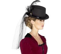 Smiffy's Smiffys Sombrero de copa victoriano para mujeres deluxe, Negro, con borde interior elástico, plumas, velo y broche Halloween, Carnaval