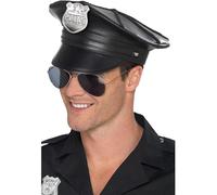 Smiffy's Smiffys Sombrero de policía deluxe, Negro, Cuero de imitación, con borde interior elástico Halloween, Carnaval