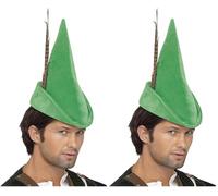 Smiffy's Smiffys Sombrero de Robin Hood, verde, con pluma, Deluxe Halloween, Carnaval (Paquete de 2)