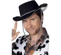 Smiffy's Smiffys Sombrero de vaquero, plástico flocado, negro, con cordel Halloween, Carnaval