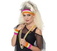 Smiffy's Smiffys Sweatbands, Neon with 1 Headband & 2 Wristbands, 1980's Fancy Dress, 1980s Dress Up Accessories Halloween, Carnaval
