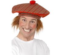 Adulto de Lujo Tartán Tam-o-Shanter Sombrero con Pelo Escocés Accesorio Disfraz