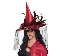 Smiffys Sombrero de bruja, Rojo oscuro, con tul y plumas, de lujo