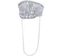 Smiffys Sombrero de capitán Fever Deluxe con adornos de lentejuelas, plateado, con cadena Halloween, Carnaval