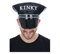 Smiffys Sombrero de capitán Kinky, negro con ribete de cadena plateada y eslogan KINKY, accesorio de disfraz para adultos para despedidas de soltero, despedidas de soltera, noches de club, festivales