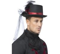 Smiffys Sombrero de copa de vampiro negro con rosas, negro y rojo, con plumas y velo Halloween