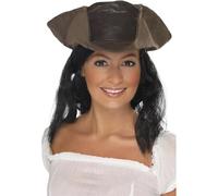 Smiffys Sombrero de pirata con aspecto de cuero, marrón, con pelo negro Halloween, Carnaval