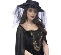 Smiffys Sombrero gótico de viuda negra, con rosas y velo