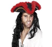 Smiffys Sombrero pirata de tres picos, pluma roja, negro, con galón dorado y marabú