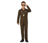 Smiffys Top Gun Maverick - Disfraz de aviador para niño, color verde con mono e insignias de nombre intercambiables, disfraz oficial de Top Gun Maverick, disfraces para niños
