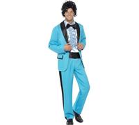 Smiffys Traje del Rey del Baile de los 80, Azul, con Chaqueta, Pantalones y Falsa Camisa Esmoquín Halloween, Carnaval