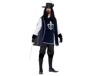 Smiffys Traje Masculino de Mosquetero, Azul marino, con Top, Sombrero, Guantes, Cubrebotas, Barba y Bigote Halloween, Carnaval
