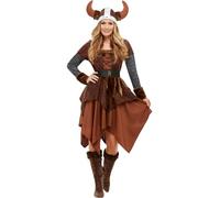 Smiffys Viking Barbarian Queen Costume, Brown with Dress & Helmet, Historical Fancy Dress, Viking Dress Up Costumes