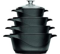 Smile MGK-12 - Batería de Cocina, Aluminio Fundido, (4 ollas con 4 tapas de cristal templado de seguridad y 2 manoplas), Negro