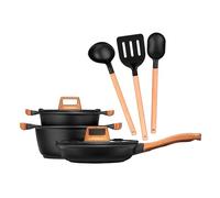 Smile Wood MGK-23 Batería Cocina Inducción 6 Piezas Aluminio Fundido Antiadherente ILAG, Set Cazuelas Tapas Cristal + Sartén, Asas Efecto Madera + Utensilios de Cocina, Vitrocerámica, Gas