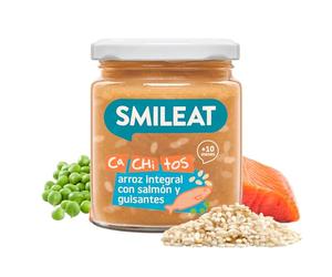 Smileat - Tarrito de Ca-Chi-Tos de Arroz Integral, Salmón y Guisantes - Ecológico, Sin Azúcar Añadido, Sin Sal, Sin Gluten, Sin Leche, Sin Huevos - Ideal para peques a Partir de 10 Meses - 230g