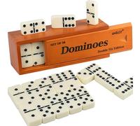 Smilejoy Juego de dominó para adultos, juego de dominó de tamaño jumbo para juegos de mesa clásicos, juego de dominó doble de tamaño grande de 28 piezas con caja de madera marrón Deluex (2-4