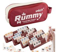 Smilejoy Juego de viaje rummy de seis jugadores, juego de viaje tamaño rummy con bolsa de lona, mini juego de rummy para adultos y niños, 160 fichas, 6 juegos de rack, 1 dado (2-6 jugadores)