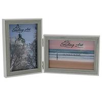 Smiling Art Marco de fotos doble de tablero de fibra de densidad media MDF con cristal, marco plegable, marco doble horizontal y vertical (blanco y gris, 2 x 10 x 15 cm)