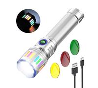 Smiling Shark Linterna Potente, M1 Linternas LED Alta Potencia Recargable con Zoomable【Filtro de Lentes 3 Colores】 Mini Linterna a Pilas para Camping/Senderismo/Emergencia, Plata