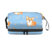 Smiling Welsh Corgi Dog with Bones - Neceser de viaje de doble capa para mujeres y niñas, bolsa organizadora de maquillaje con compartimento para cepillos, multicolor, 27x15x14 cm/10.6x5.9x5.5 in,