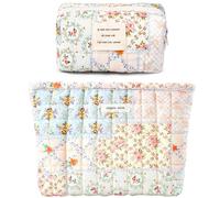 Sminra Bolsa de maquillaje de 2 piezas, bonita bolsa de maquillaje acolchada de viaje, organizador de cosméticos, bolsa de aseo estética de algodón floral para mujeres y niñas, Flor azul, 2 unidades,