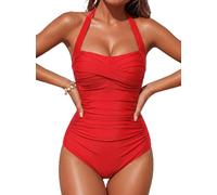 Smismivo Traje de Baño de Una Pieza para Mujer Halter Push Up Bañadores Mujer Natacion Vintage Retro Slim Elegante Bañador Control del Vientre Bañador Rojo