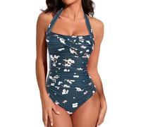 Smismivo Traje de Baño de Una Pieza para Mujer Halter Push Up Bañadores Mujer Natacion Vintage Retro Slim Elegante Bañador Control del Vientre Bañador Flores Verdes oscuras