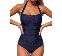 Smismivo Traje de Baño de Una Pieza para Mujer Halter Push Up Bañadores Mujer Natacion Vintage Retro Slim Elegante Bañador Control del Vientre Bañador Azul Marino