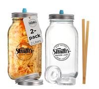 Smiths Mason Jars 2-Pack 2L Fermentación Tarros de vidrio transparente con pinza de madera, pesos y 2pcs Tapas - Ideal para la noche a la mañana avena, Kimchi almacenamiento y encurtidos