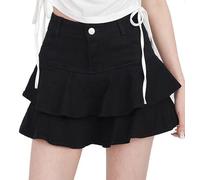 SMIUPIN Mujeres Casual Denim Mini Falda Volantes Delgado A-Line Plisado Jean Falda Corta (FR/ES, Letras, L, Regular, Regular, Negro)