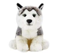 SMJWH Cachorro de Alaska Malamute de Peluche Realista, Gris, Sentado, Perro de Trineo, Peluche,Suave compañero for abrazar, Regalo Educativo de Perro ártico