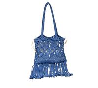 SMKBDFC Bolso de moda bohemia, bolso de hombro de cuerda de algodón hueco, bolso literario retro tejido con borlas para mujeres(azul)