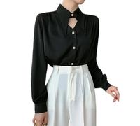 SMKBDFC Camisa de satén de Mujer Temperamento Primavera otoño Camisa de Manga Larga Abotonada Camisa de Oficina Ropa de Trabajo Femenina Blusa Femenina Top(Negro,as4,Alpha,m,Regular,Regular)