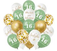 Smlper 24 globos decorativos para el 16º cumpleaños, decoración de 16 unidades, globos de color verde salvia dorados, globos de látex para feliz cumpleaños, decoración de cumpleaños, fiesta de confeti