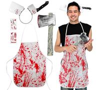 Smlper - Disfraz macellaio para Halloween, set horror macellaio para Halloween, grembiule insanguinato da uomo in accessorio per capelli, coltello di scena, tatuaje con cicatrices del zombie-hacha