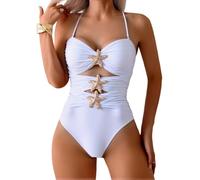 SMMZRF Traje de baño de una pieza con diseño de estrella de mar, plisado, hueco, plisado, ropa de playa, blanco, talla L