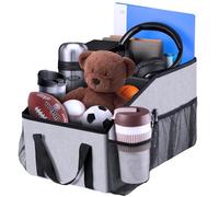 Smof Organizador de Coche- Plegable Organizador Asiento Coche Niños con Portavasos, Múltiples Bolsillos Organizer Maletero para Juguetes, Libros, Revistas (gris claro)