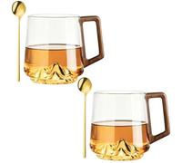 Smokey Gray Glass Slanted Coffee Cups with Wooden Handle,450ml Clear Glass Cup for Latte,Cappuccino,Hot & Cold Drinks,Creative Mountain Bottom Cup,Coffee Mug for Kitchen Gift (2 Pcs Clear)