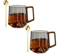 Smokey Gray Glass Slanted Coffee Cups with Wooden Handle,450ml Clear Glass Cup for Latte,Cappuccino,Hot & Cold Drinks,Creative Mountain Bottom Cup,Coffee Mug for Kitchen Gift (2 Pcs Smokey Gray)