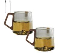 Smokey Gray Glass Slanted Coffee Cups With Wooden Handle, Creative Wonder Mountain Bottom Water Cup, Ideal for Home, Office Drinks & Morning Tea (2PCS blue-gray)