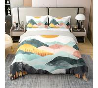 Smoky Mountain - Juego de ropa de cama tamaño Super King dibujado a mano para niños, niñas y mujeres, diseño de árboles grises, paisajes naturales, funda de edredón de algodón colorido con paisajes