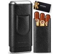 SmokyJoy Estuche de cuero para cigarros, humidificador de viaje forrado de madera de cedro, estuche portátil para transporte de puros con cortador de guillotina de corte en V, caja de regalo para