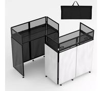 SMONTER Cabina de DJ portátil de 41 pulgadas de largo x 20 pulgadas de ancho, fachada de DJ con tela blanca y negra, estación de mesa de DJ plegable con patas ajustables para fiesta, marco de metal