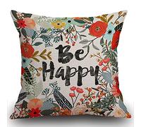 Smooffly Be Happy - Funda de cojín de lino y algodón para decoración del hogar, 45,7 x 45,7 cm, letras inspiradoras con hermosas flores y hojas