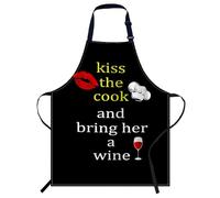 Smooffly Delantal ajustable con pechera Kiss the Cook and Bring Her a Wine para cocinar, unisex, ideal para el hogar, cocina, hornear, jardinería, restaurante, cafetería, barbacoa, Kiss the Cook and