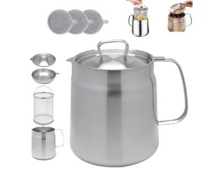 Smoohh 2-in-1 304 Stainless Steel Multifunctional Oil Strainer Pot, Large Capacity Versatile Oil Filter Vessel Tank, Oil Pot with Strainer, Frying Net Tank for Kitchen/Camping(50oz/1.5L)