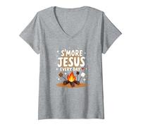 S'More Jesus Every Day - Inspiración Cristiana para fogatas Camiseta Cuello V, Mujer, Gris Jaspeado, L